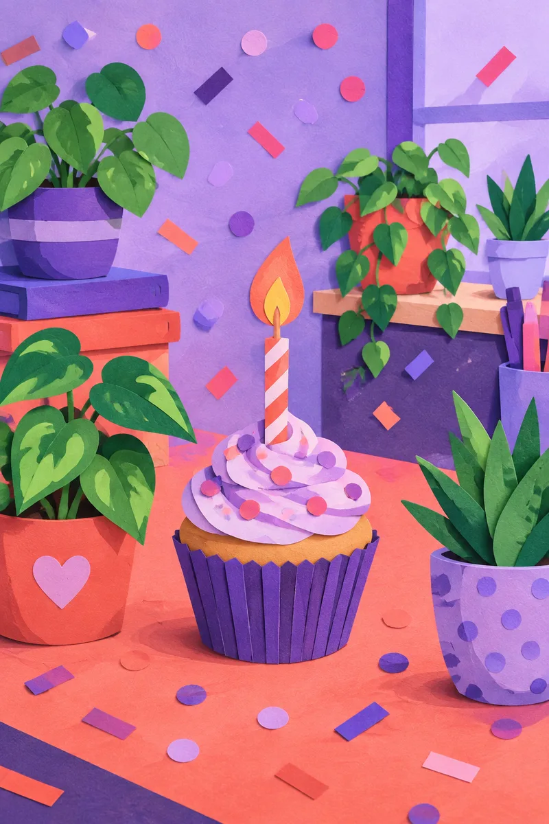 Violet and coral paper-cut collage of potted plants, confetti and a cupcake with one candle