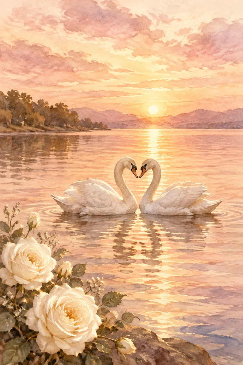 Watercolor of two swans on a calm lake at sunset, with white roses in the foreground