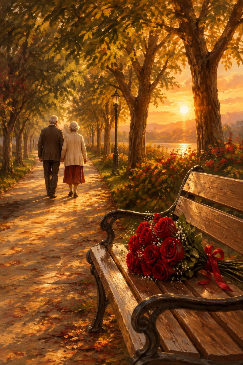 Oil painting of a tree-lined path at golden hour and a park bench with a bouquet of red roses