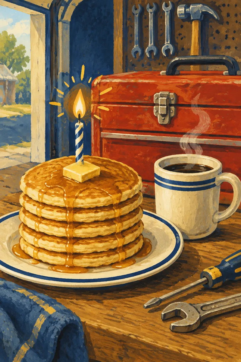 Vintage gouache painting of a stack of pancakes with a birthday candle, a mug of coffee and a red toolbox