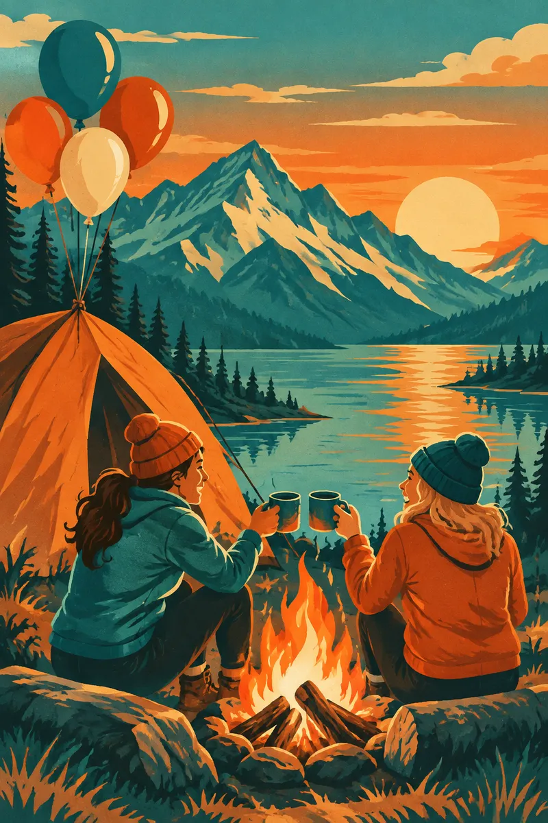 Retro travel poster of two friends at a campfire beside a tent with balloons, mountains at sunset behind them
