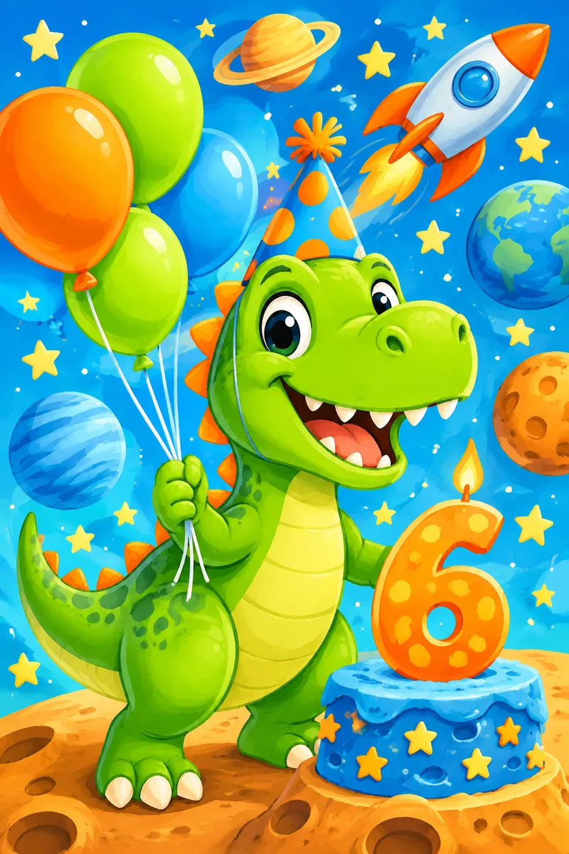 Bright cartoon of a green dinosaur in a party hat holding balloons, with a rocket, planets and stars