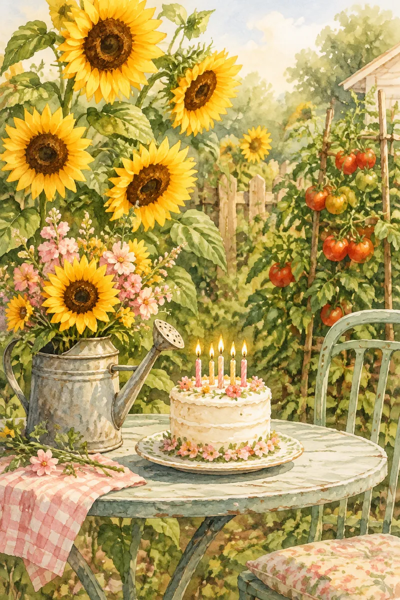 Watercolor of tall sunflowers, a vintage watering can and a small birthday cake on a garden table