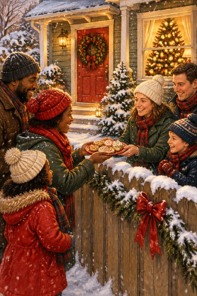 Storybook illustration of neighbors sharing cookies on a snowy porch with a wreath and a glowing Christmas tree in the window