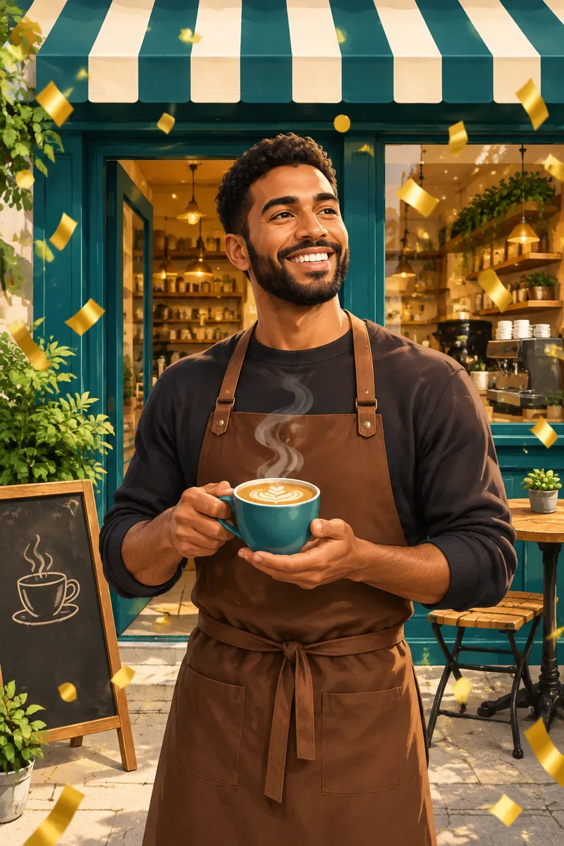 Bright illustration of a smiling barista holding a latte outside a coffee shop with a striped awning, gold confetti falling