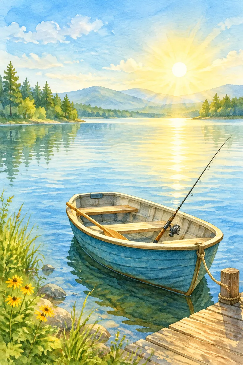 Watercolor of a small rowboat with a fishing rod on a quiet lake in morning sunshine