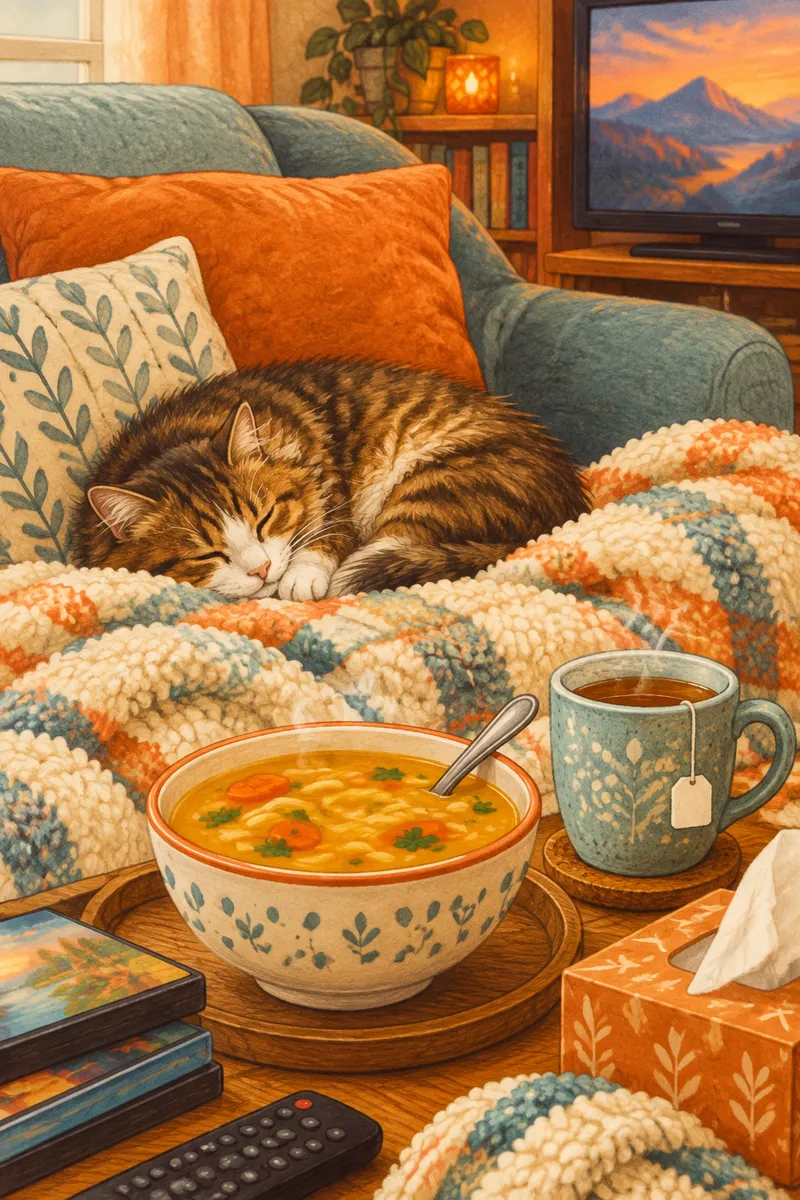 Cozy illustration of a bowl of soup, a cup of tea, a fluffy blanket and a cat asleep on the couch