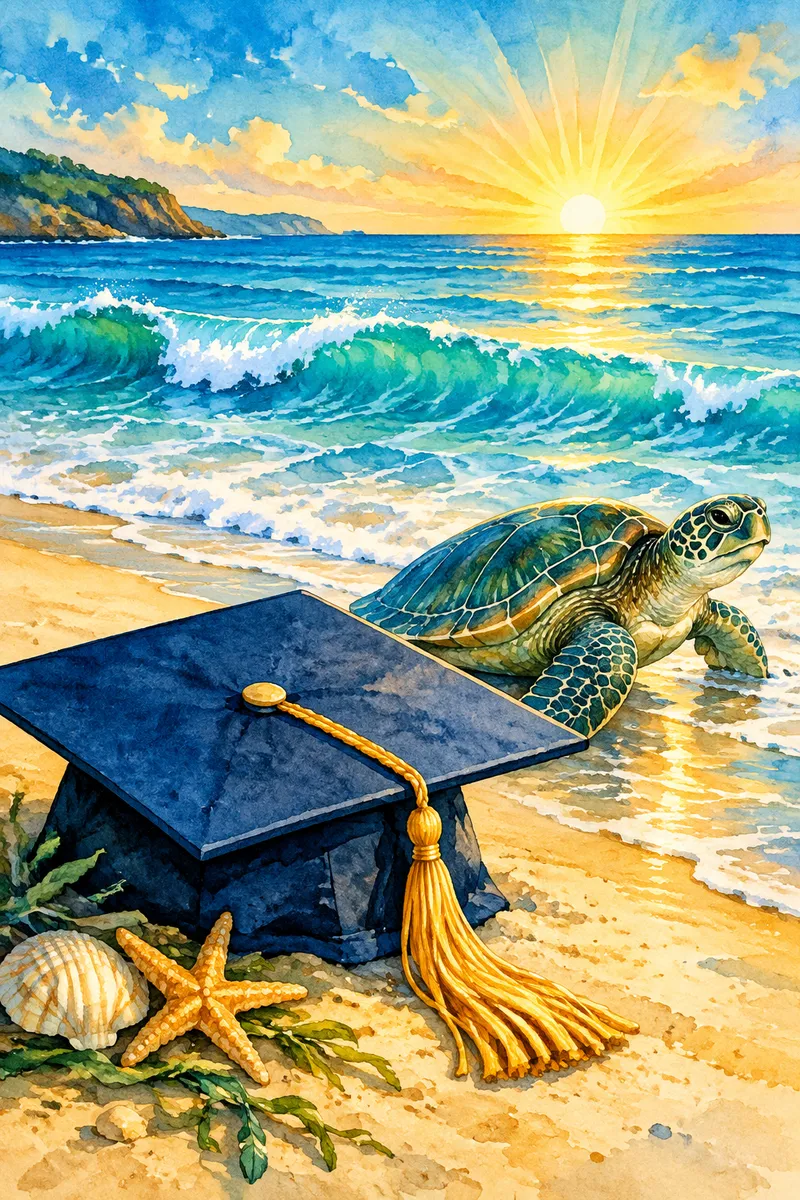 Watercolor of a graduation cap on a sandy beach with a sea turtle, ocean waves and a sunrise