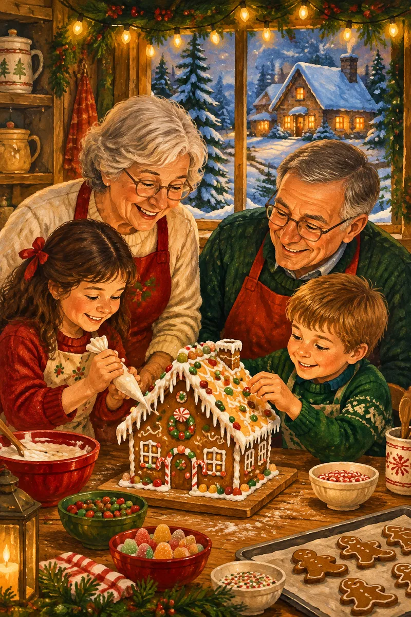 Storybook painting of grandparents and two children decorating a gingerbread house under string lights