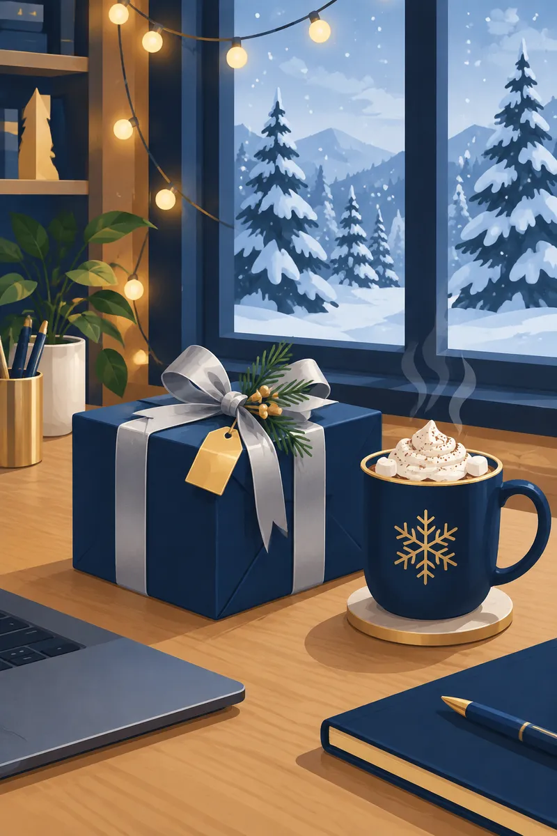 Flat illustration of a wrapped gift and a mug of cocoa on a tidy desk, snowy pines outside the window