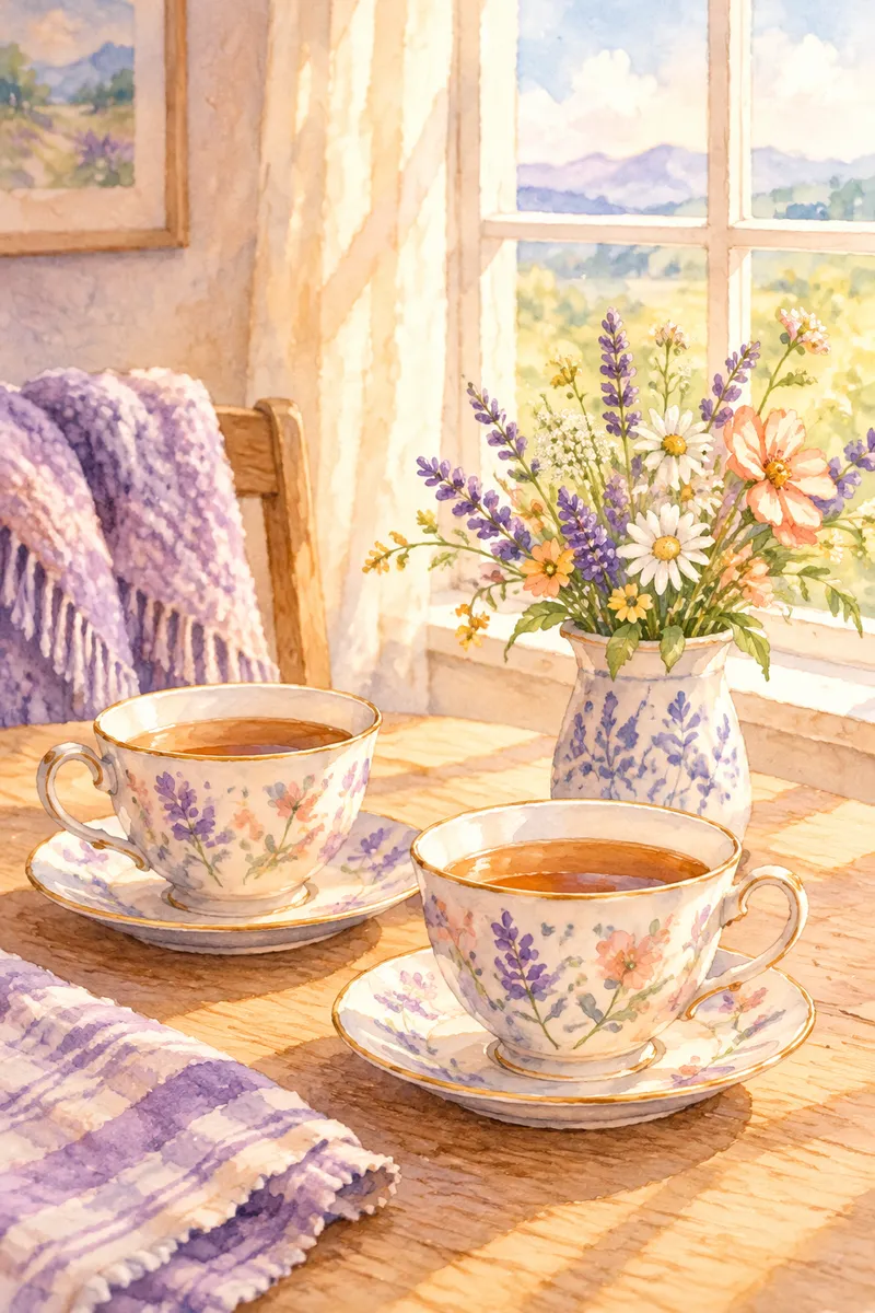Watercolor of two teacups and a vase of wildflowers on a table by a sunny window