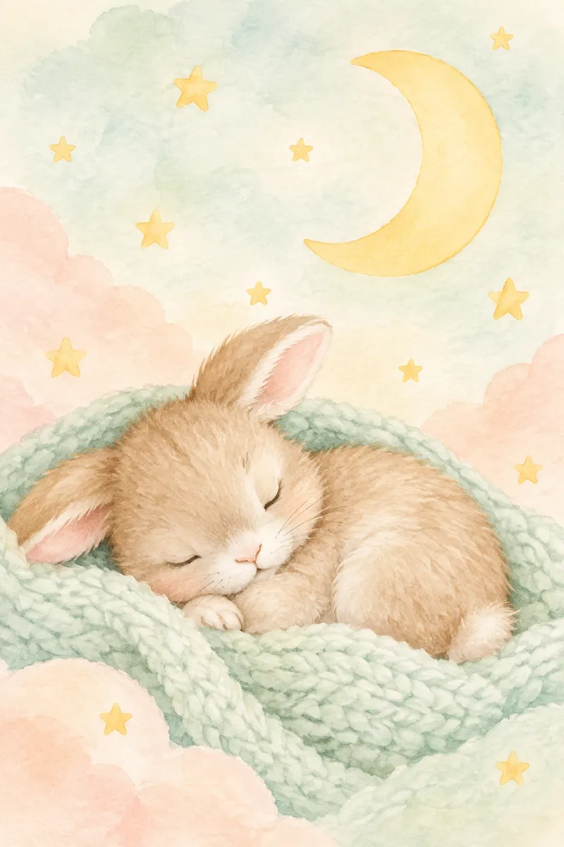Pastel watercolor of a baby bunny asleep on a knitted blanket under a crescent moon and little stars