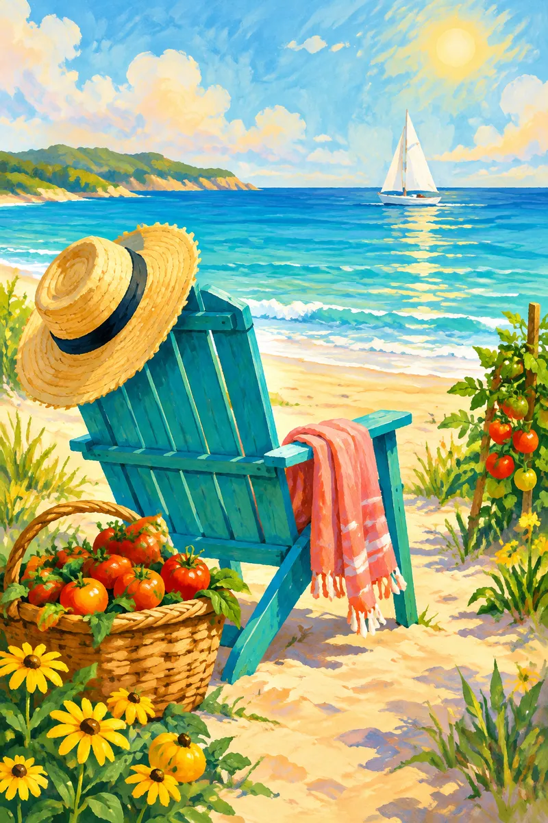 Gouache painting of an empty beach chair with a straw hat, a sailboat on the horizon and a basket of garden tomatoes
