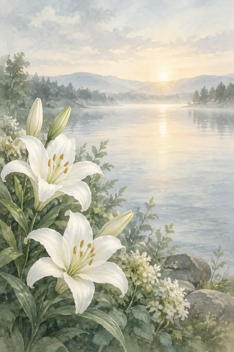 Muted watercolor of white lilies beside a still lake at dawn