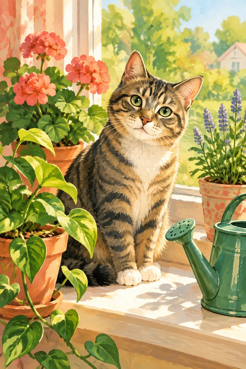Gouache painting of a tabby cat on a sunny windowsill with potted plants and a watering can