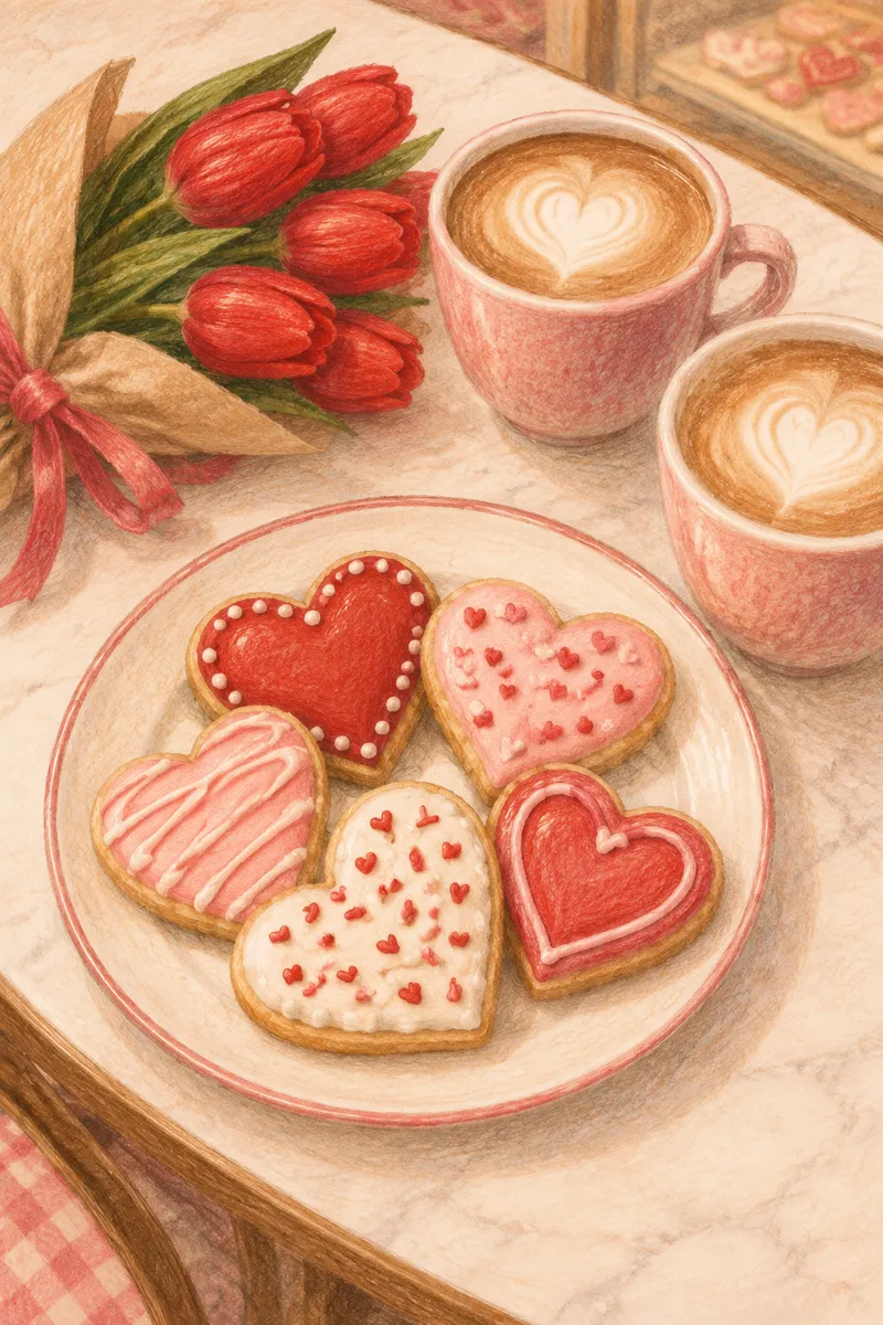 Pastel illustration of heart-shaped cookies on a plate, two coffee cups and red tulips
