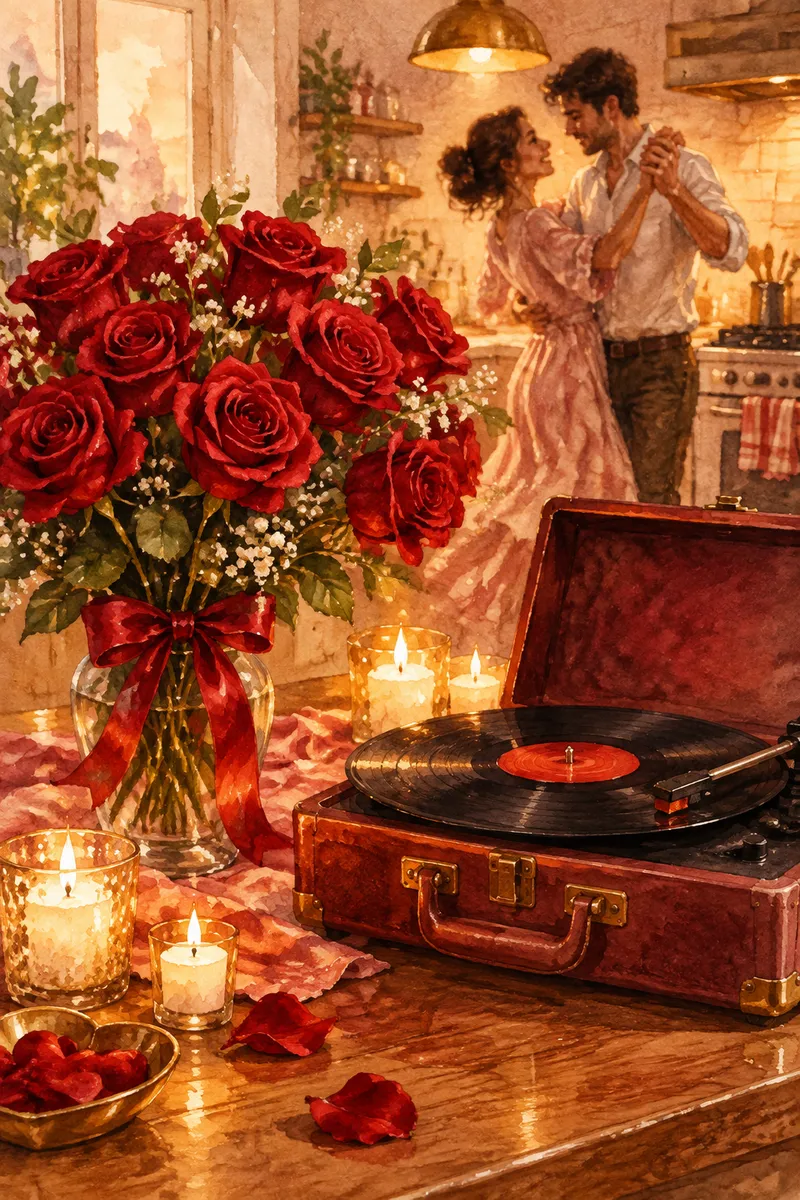Watercolor of red roses, a vintage record player and candlelight, with a couple dancing in the background
