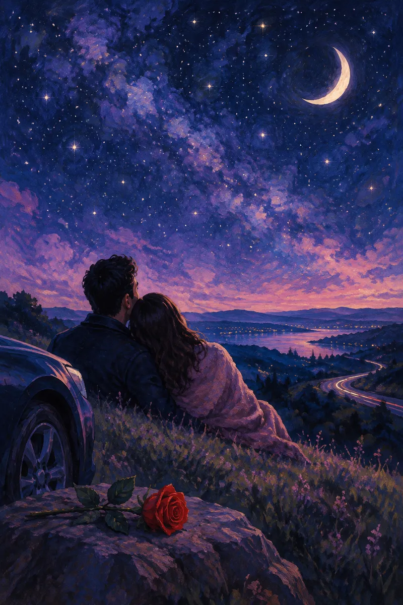 Gouache painting of a couple on a quiet hill under a starry sky and crescent moon, with a single red rose