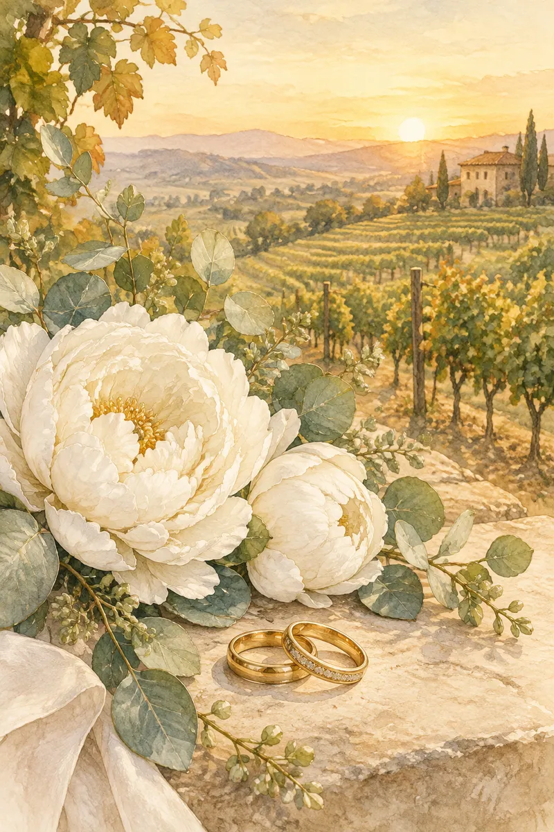 Fine-line watercolor of two gold wedding rings with white peonies and eucalyptus, a vineyard at golden hour behind